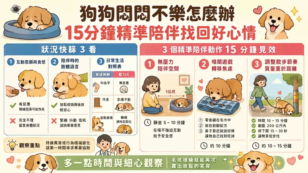 狗狗悶悶不樂怎麼辦?從觀察細節到 15 分鐘精準陪伴轉移焦慮