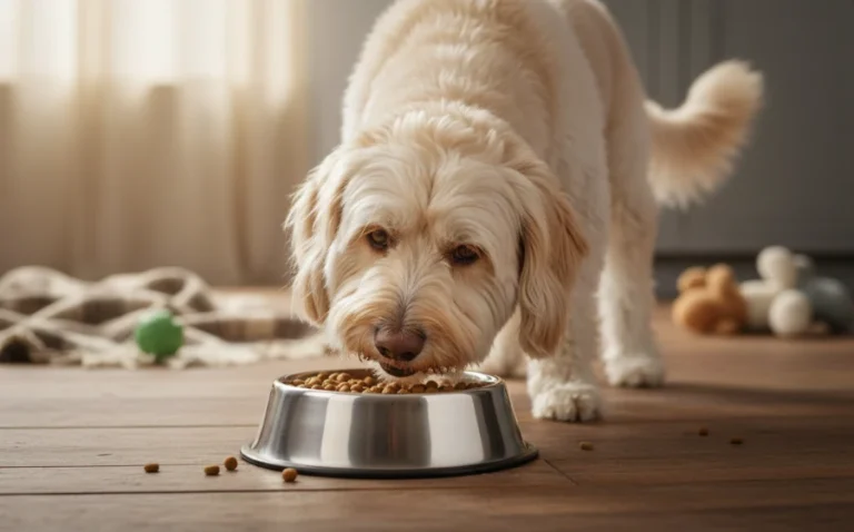 一隻狗狗專心吃飯的可愛模樣