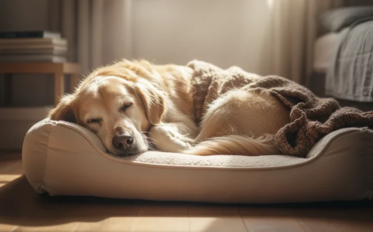 一隻老狗在舒適的軟墊上安詳地睡覺，陽光溫柔地灑落。