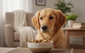 一隻狗狗看著滿滿的飼料碗，表情有些困惑，暗示換食期間的猶豫不決。