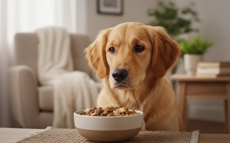 一隻狗狗看著滿滿的飼料碗，表情有些困惑，暗示換食期間的猶豫不決。
