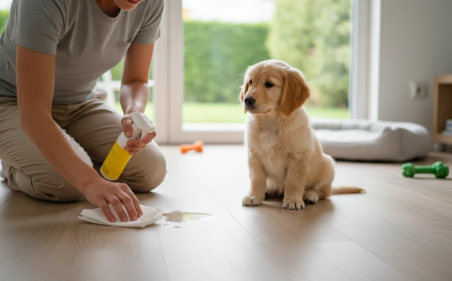 主人耐心清潔幼犬的意外排泄物