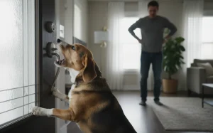 一隻狗狗正在對著門口吠叫，主人一臉無奈