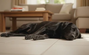 一隻狗狗趴在冰涼的磁磚地板上睡覺，姿態放鬆