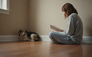 一隻眼神恐懼的狗狗躲在沙發角落，飼主側身坐在一旁不直視牠