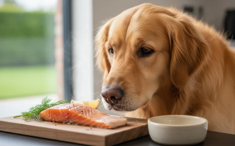 一隻毛色光亮的黃金獵犬正在享用煮熟的鮭魚肉