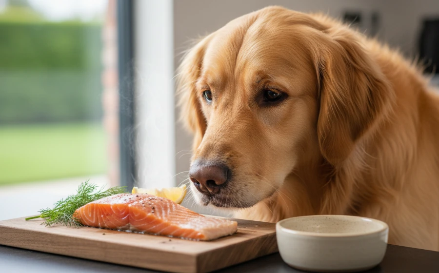 一隻毛色光亮的黃金獵犬正在享用煮熟的鮭魚肉