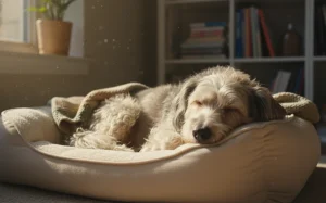 一隻老年黃金獵犬在陽光下安穩地睡覺，顯示出放鬆的肢體語言。