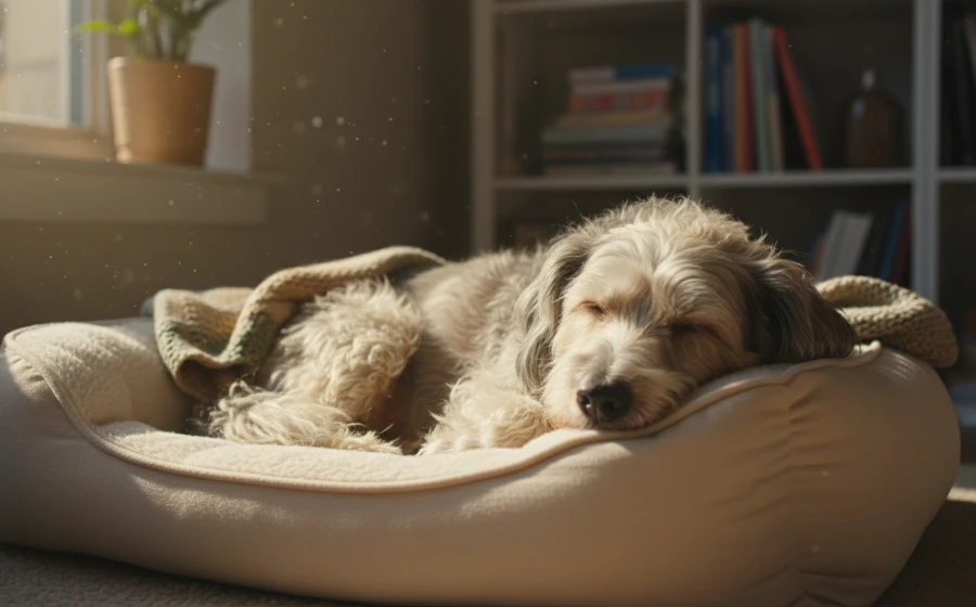 一隻老年黃金獵犬在陽光下安穩地睡覺，顯示出放鬆的肢體語言。
