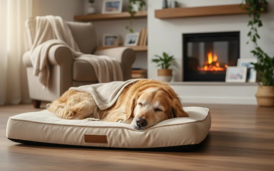 一隻老狗在舒適的床上熟睡，陽光灑在身上