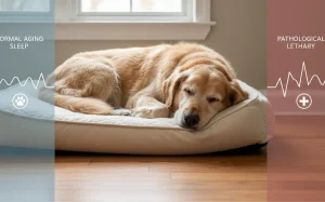 老狗趴在舒適的床上睡覺，陽光灑落