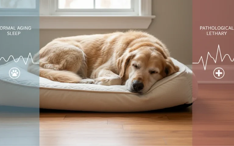 老狗趴在舒適的床上睡覺，陽光灑落