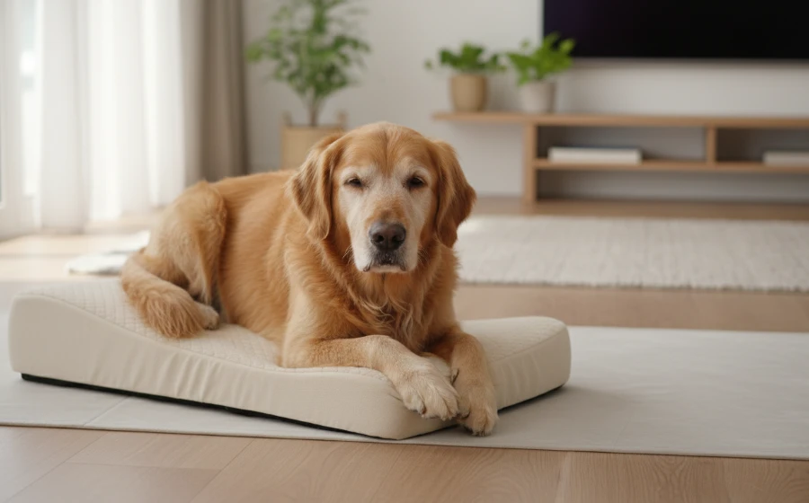 高齡犬趴在舒適的軟墊上休息，眼神溫柔