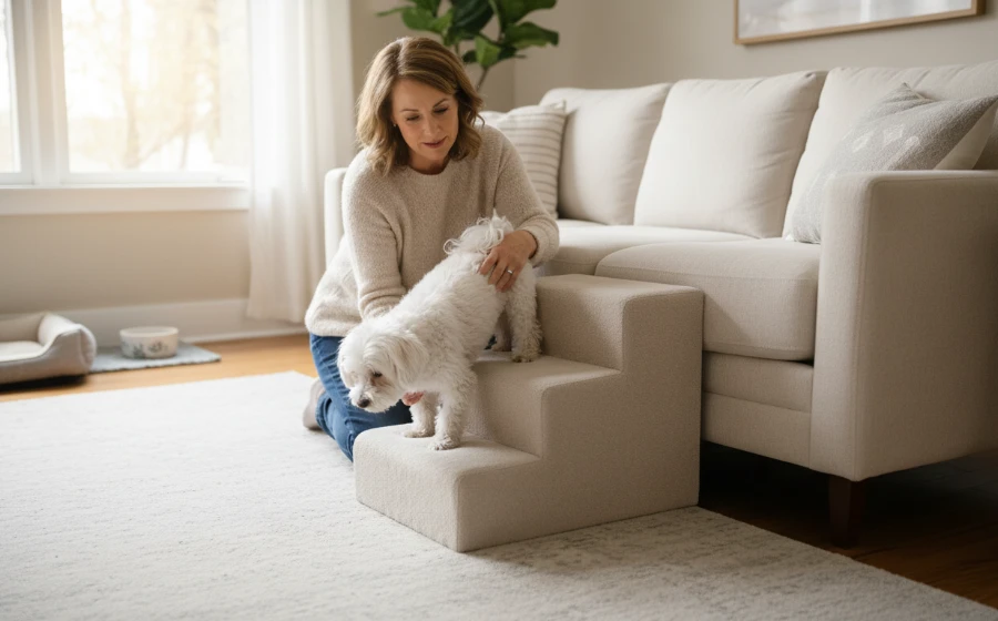 主人輔助老狗使用寵物樓梯上下沙發