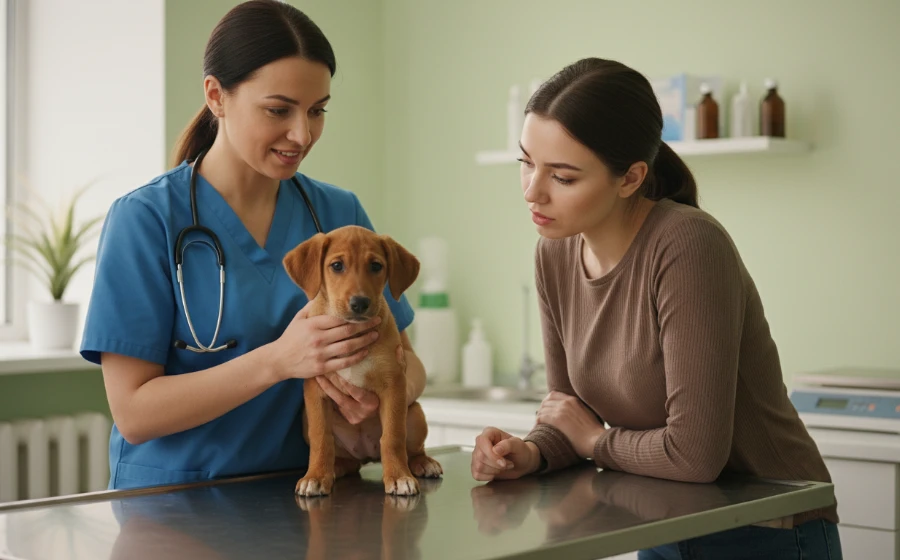 獸醫師正在為小狗進行術前健康評估