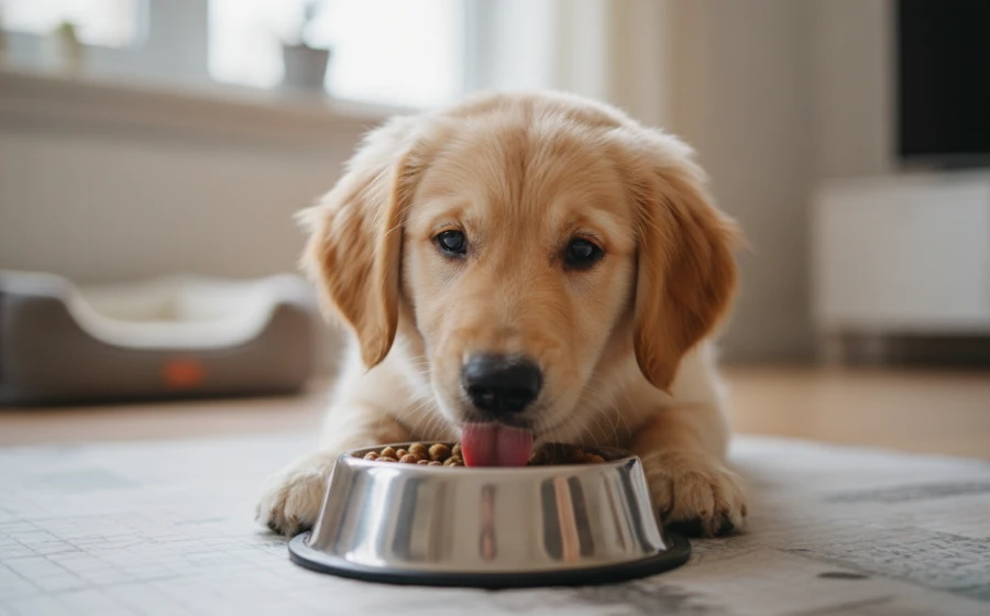 幼犬正在吃飼料，旁邊放著計時器象徵定時餵食