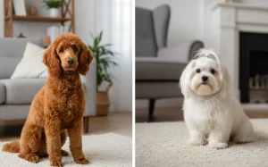 貴賓犬與馬爾濟斯比較圖，標註掉毛率與智商