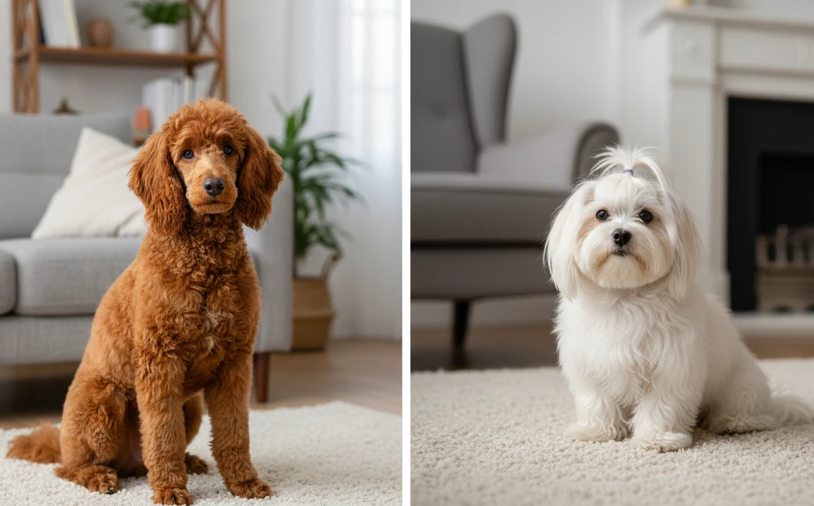 貴賓犬與馬爾濟斯比較圖，標註掉毛率與智商