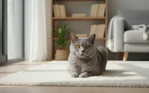 一隻灰色的英國短毛貓舒適地躺在沙發上，展現出低維護寵物的特性