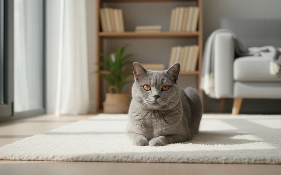 一隻灰色的英國短毛貓舒適地躺在沙發上，展現出低維護寵物的特性