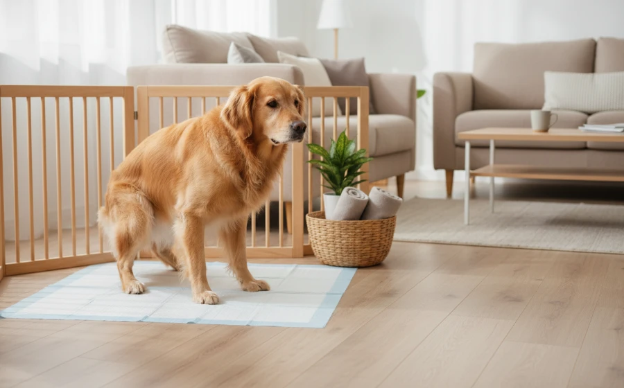 一隻五歲的成犬乖巧地坐在室內乾淨的尿布墊旁，展現出良好的居家如廁習慣。