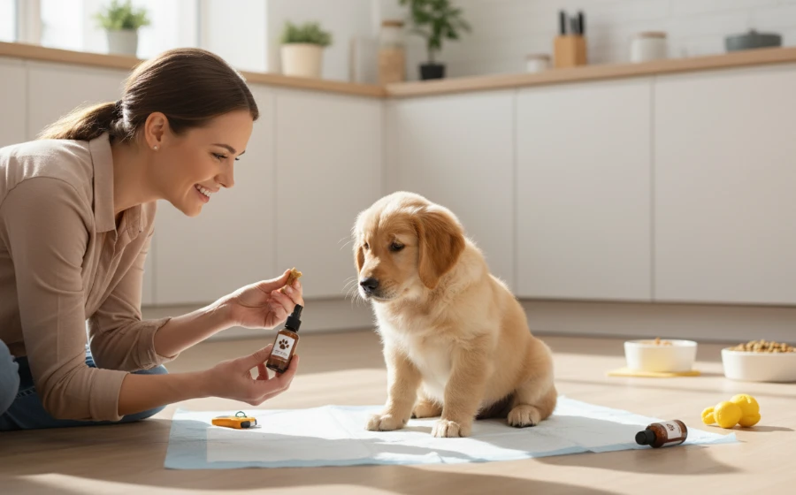 飼主正在使用正向鼓勵的方式訓練狗狗定點如廁