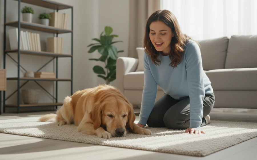 一隻冷靜趴在室內休息的貴賓犬