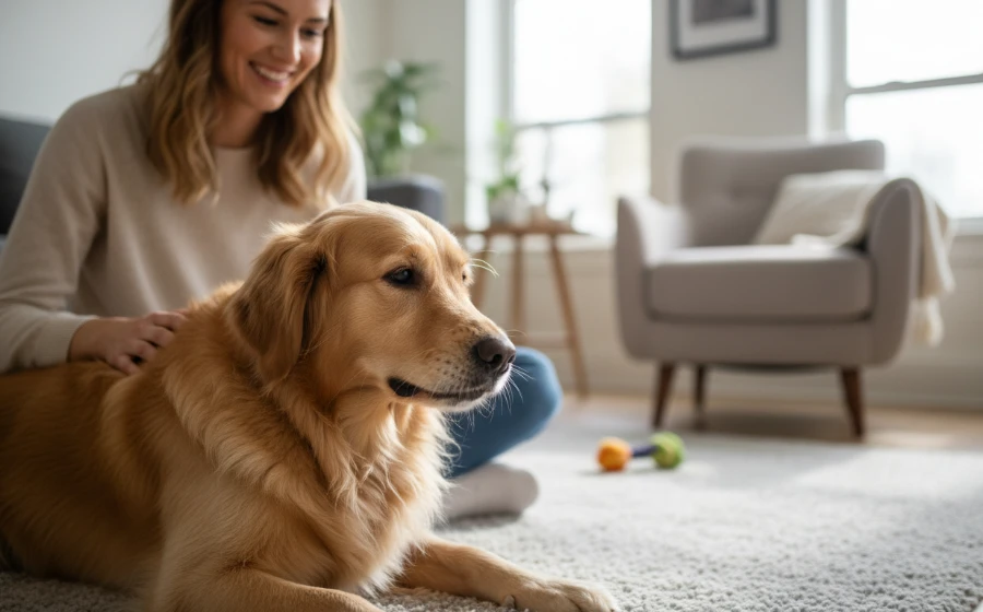一隻狗狗輕輕咬住主人的手，表達想玩耍與撒嬌的意思