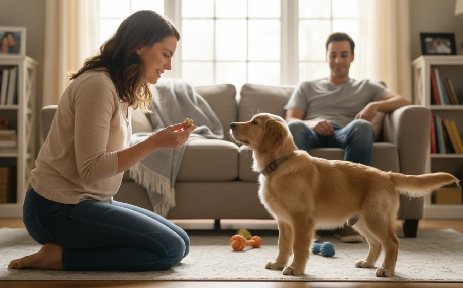 一隻開心搖著尾巴迎向主人的狗狗，象徵著毛孩認主與建立深厚信任關係