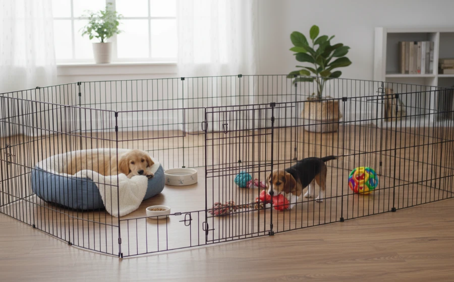 幼犬籠內訓練與圍欄佈置示意