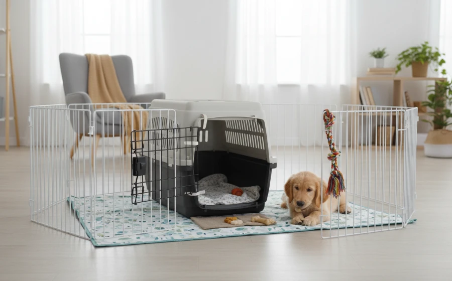 幼犬在舒適圍欄內進行籠內訓練的佈置示意圖