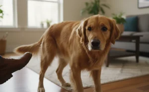 一隻看起來有些生氣的狗狗，坐在門邊看著主人的鞋子