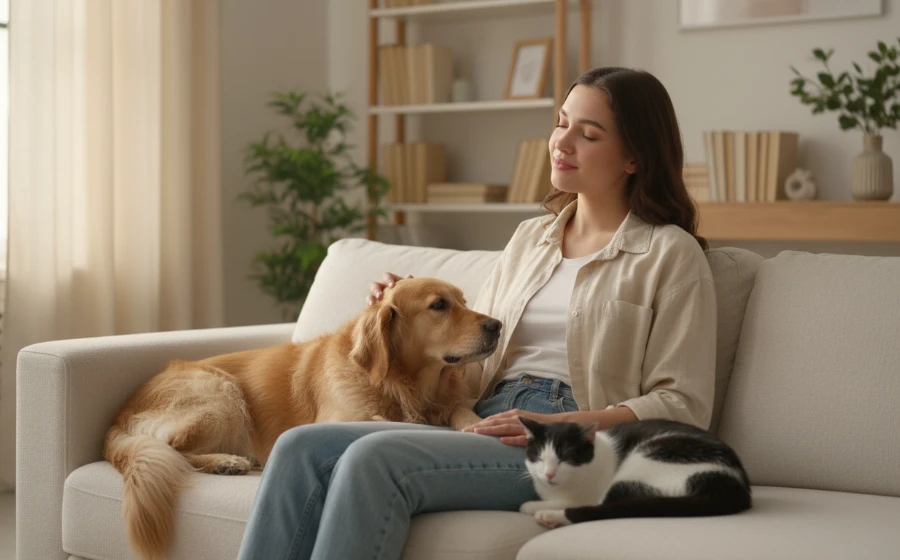 一個人與一隻成犬在戶外草地上安靜地依偎著，展現無聲的情緒支持