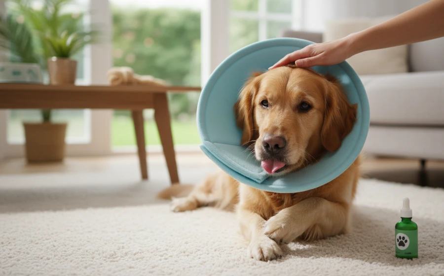 一隻戴著頭套但依然試圖舔腳的狗狗