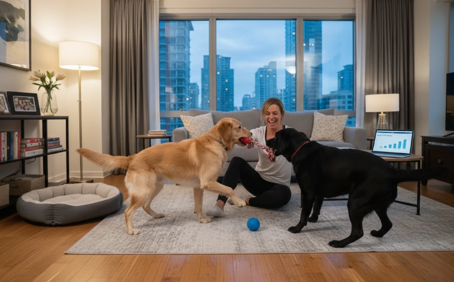 飼主在室內與精力旺盛的小型犬進行陪伴與互動遊戲