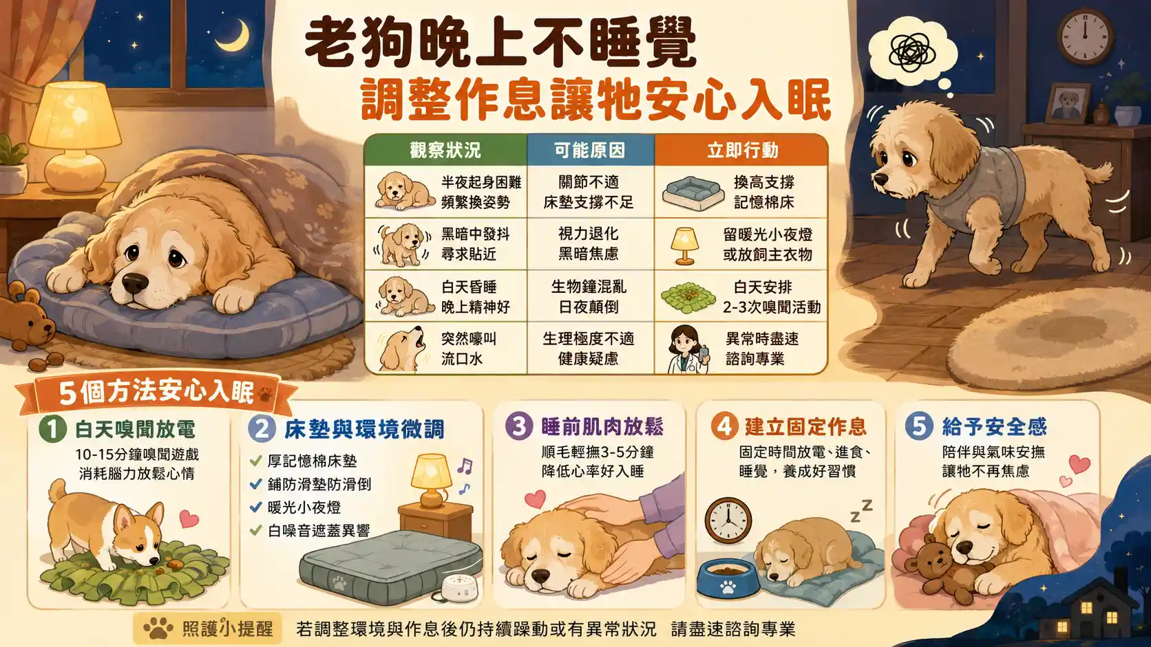 老狗半夜不睡覺怎麼辦？拆解夜間焦慮原因，給毛拔麻的實用晚間降噪方案