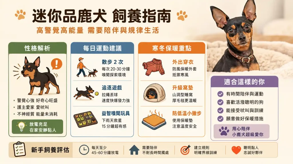 迷你品鹿犬會很神經質嗎？運動量、寒冬保暖與新手飼養評估指南