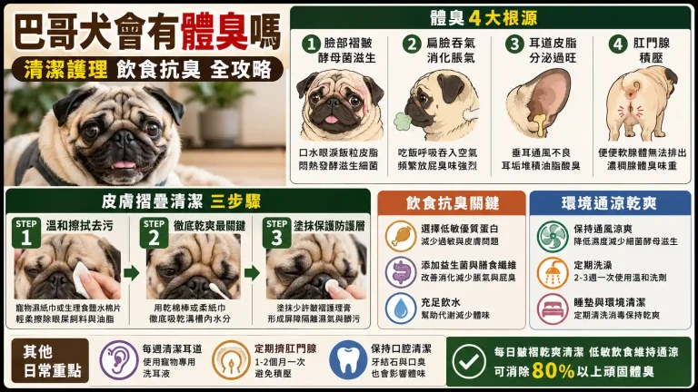 巴哥犬會有體臭嗎？皮膚摺疊清潔、呼吸道照護與飲食抗臭全攻略